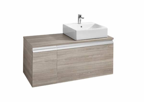 Meuble 2 tiroirs asymétrique pour 1 vasque à poser. Lavabo à droite. | archibat