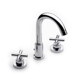 Lavabo 3 trous sur gorge à bec tube mobile central livré avec vidage automatique en laiton et flexibles d'alimentation | archibat MAROC